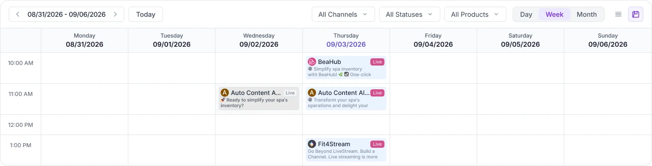 SocialMind's content calendar for one week: seven days of scheduled posts, each showing its channel and status.