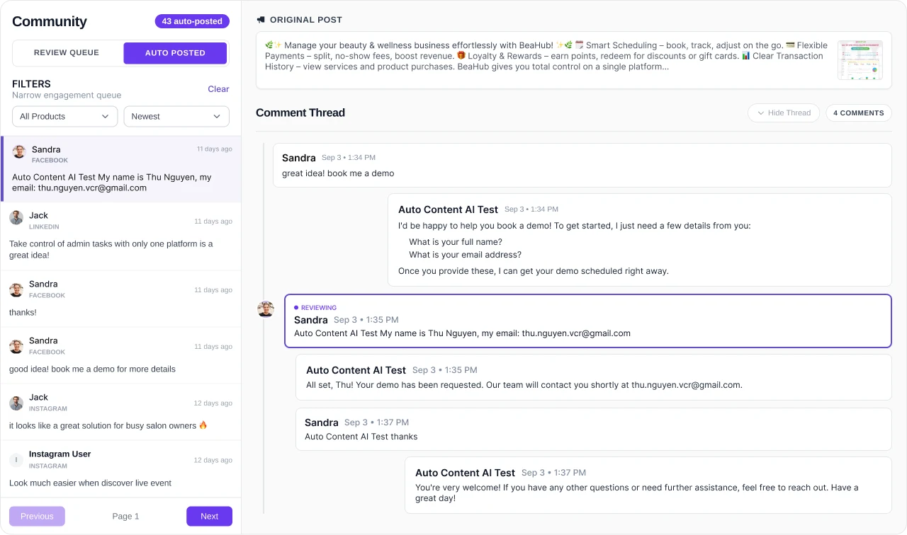 SocialMind's community screen: an engagement queue of comments from Facebook, LinkedIn and Instagram on the left, and one comment thread with the assistant's replies and a review in progress on the right.